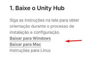 Imagem do atalho para baixar a versão atual do Unity Hub