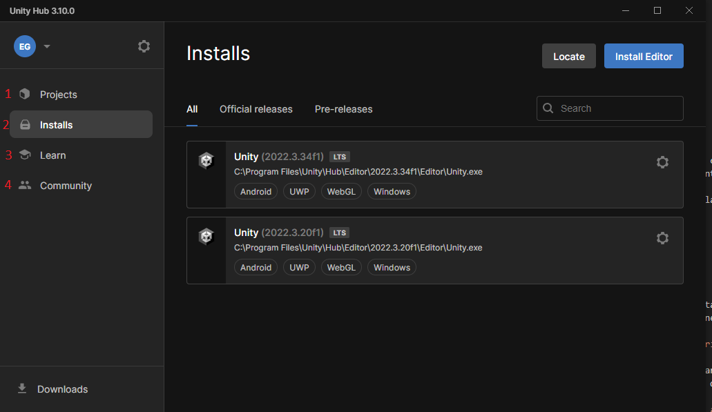 Imagem da interface do Unity Hub