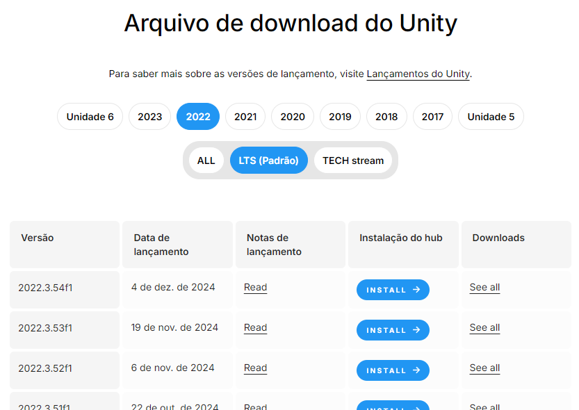 Imagem da central de downloads das versões da Unity