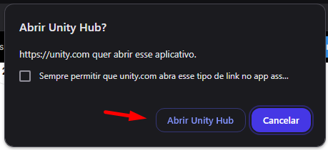Imagem do pop-up de redirecionamento para o Unity Hub