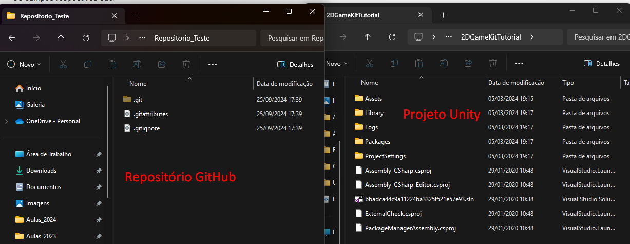 Janela do repositório Git e projeto Unity