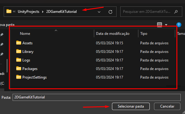 Imagem da tela de seleção da pasta do projeto Unity