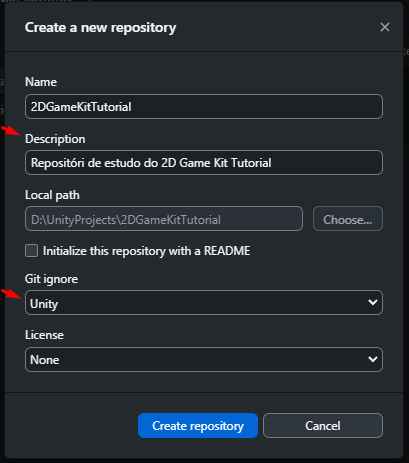 Janela de criação de repositório mostrando os campos preenchidos