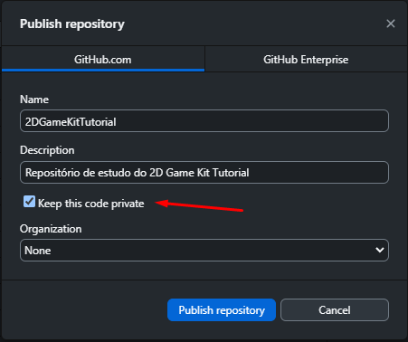 Imagem da janela de publicação do repositório no GitHub