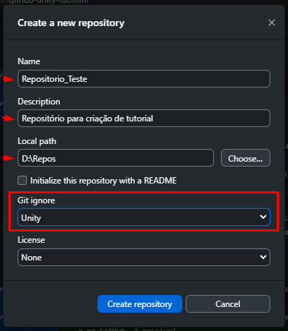 Imagem da tela de criação de um novo repositório Git
