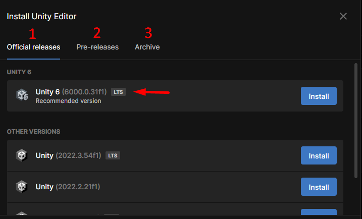 Imagem mostrando os tipos de versões da Unity