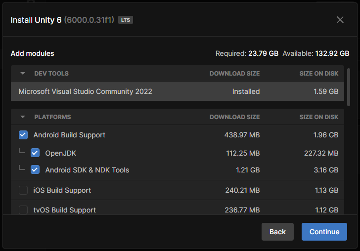 Imagem dos módulos da Unity